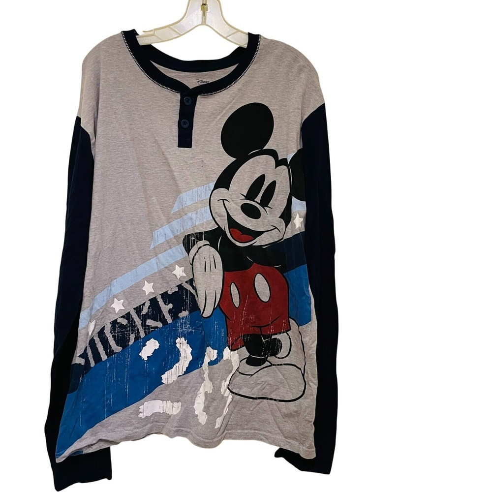 Disney Mickey Mouse Women 2XL Gray Black Tees Henley Pullover Raglan Long Sleeve